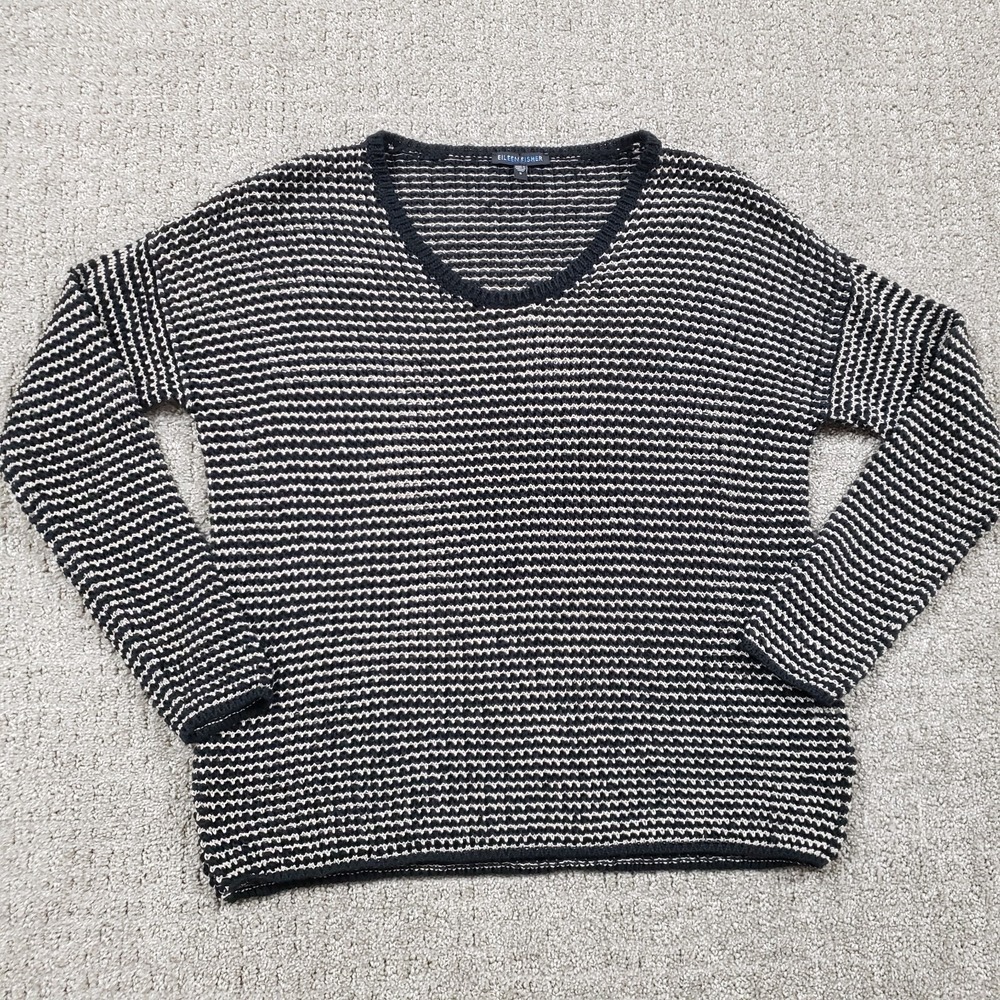 EILEEN FISHER Sweater Womens Small Mesh Open Knit Linen Blend Black/White
